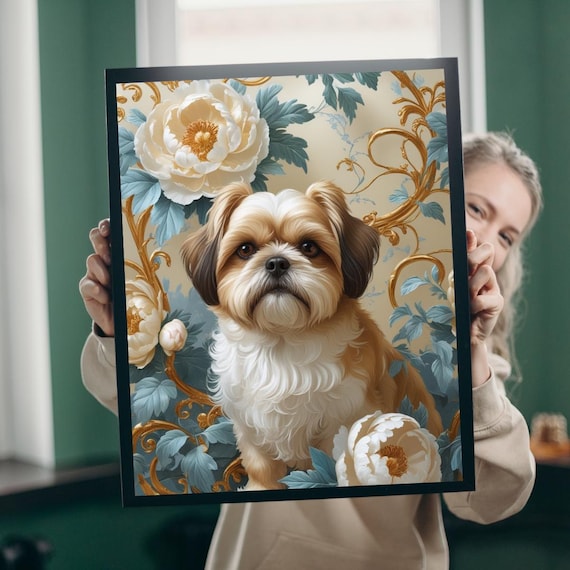 Shih Tzu Dog White Peonies Elegant Floral Portrait Poster Art