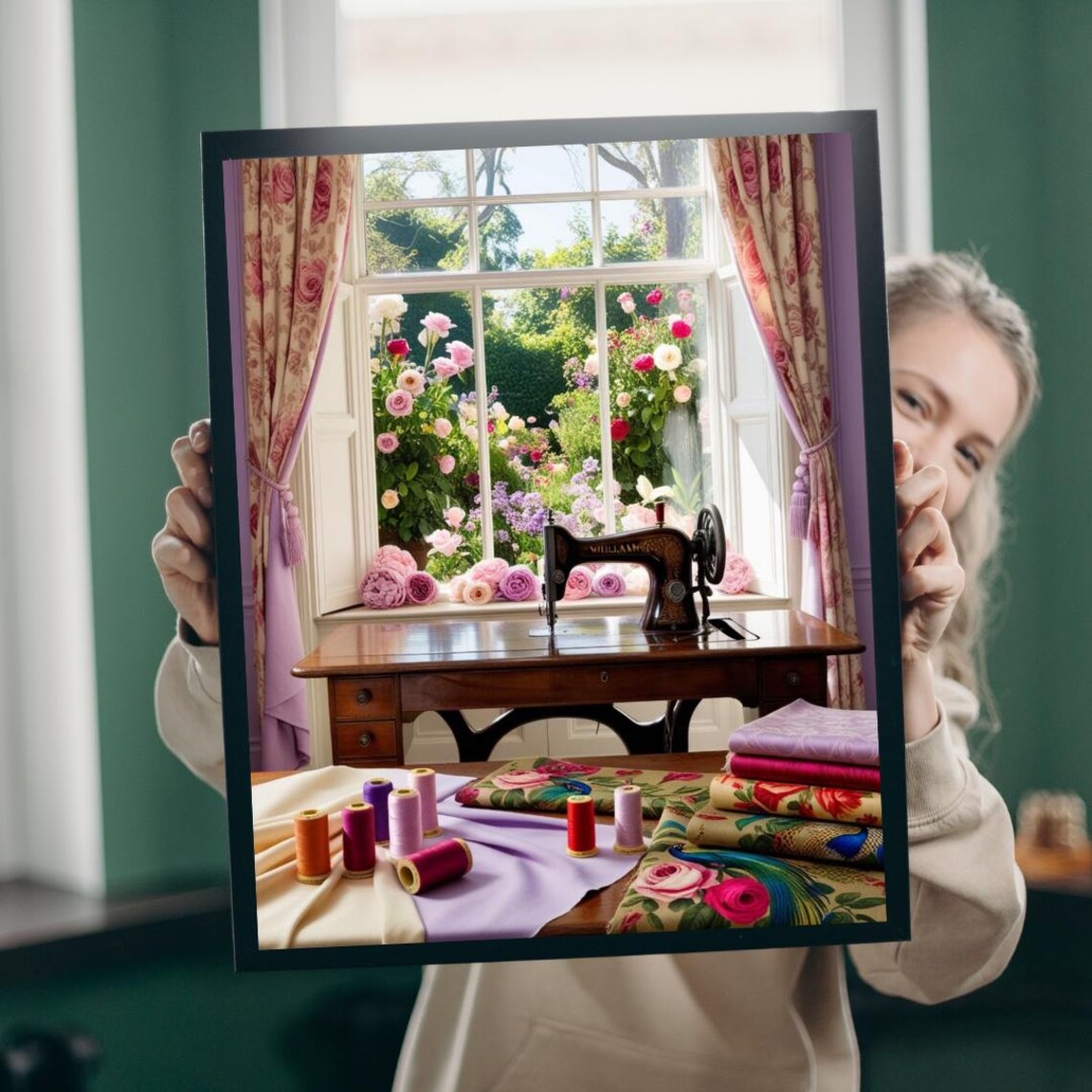 Vintage Sewing Machine Poster Cozy Craft Room Roses Window Artwork