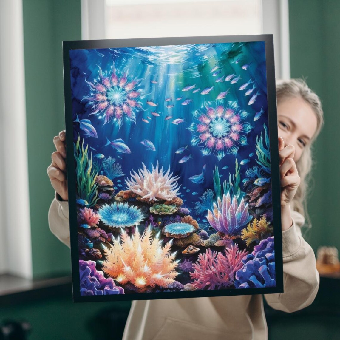 Coral Reef Mandala, Trippy Bioluminescent Ocean