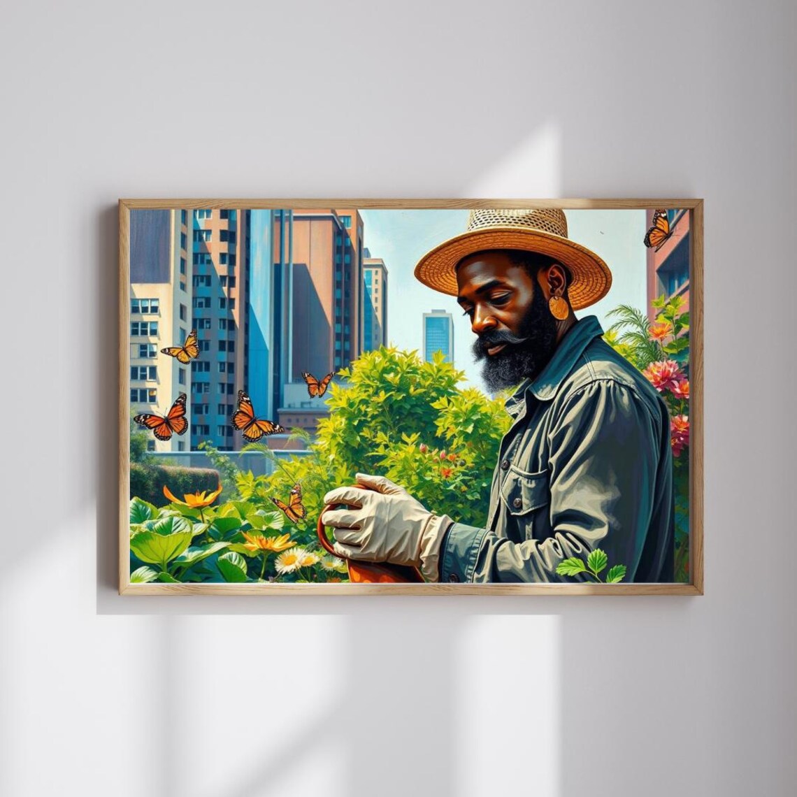 Urban Rooftop Gardener Watering Flowers With Monarch Butterflies Poster