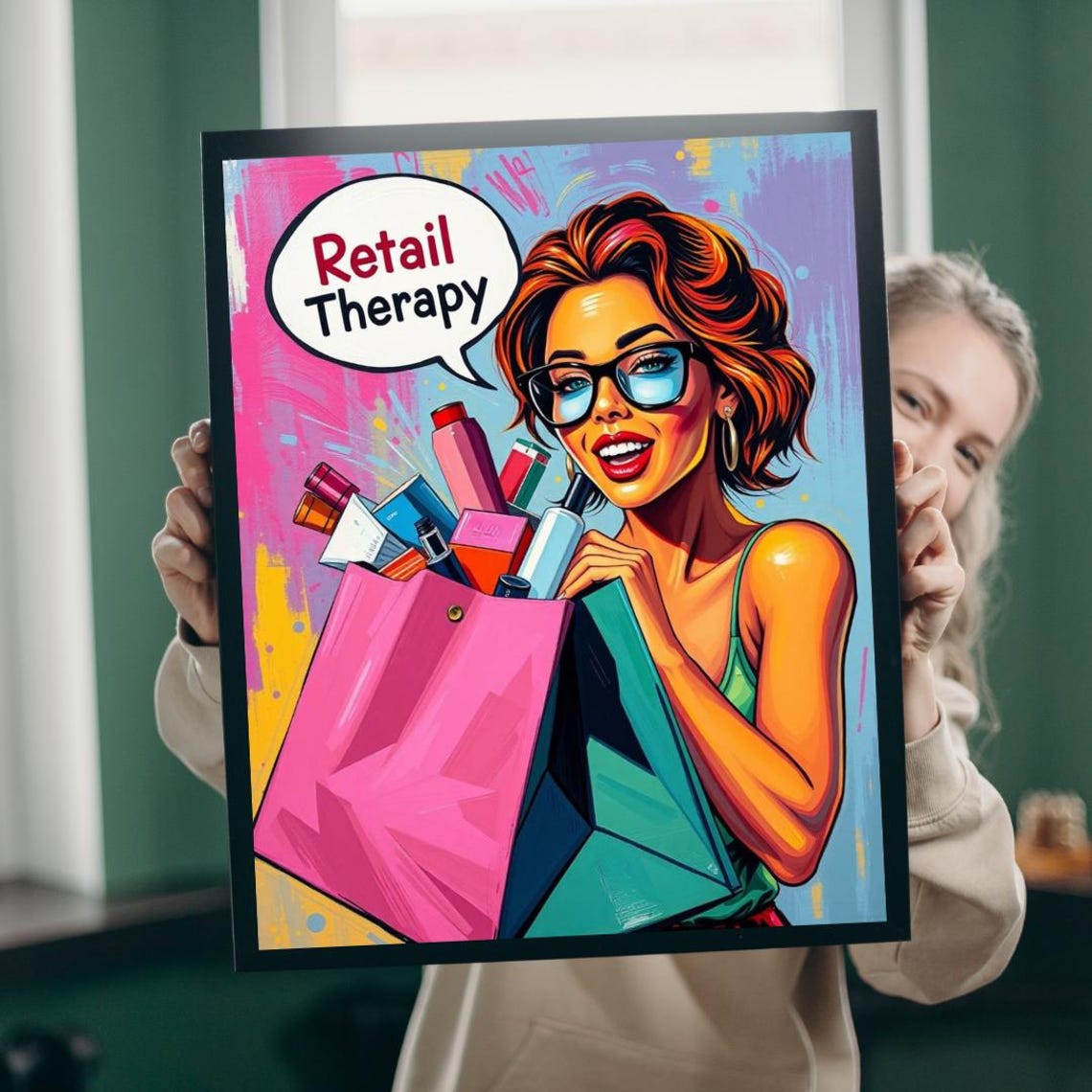 Retail Therapy Pop Art Woman with Shopping Bags Fun Wall Art