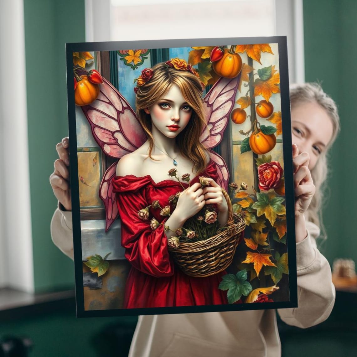 Autumn Fairy In Red Dress With Harvest Basket Fantasy Art Poster