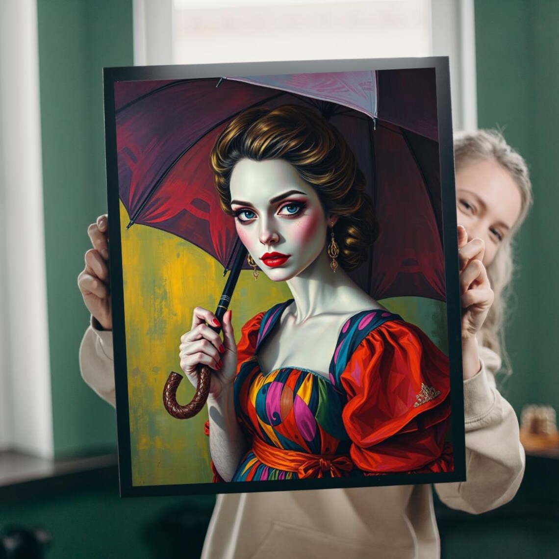 Woman With Red Umbrella Colorful Dress Bold Portrait Elegant Poster