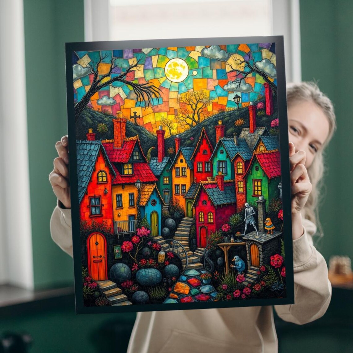 Colorful Halloween Village Poster Print, Cozy Home Decor