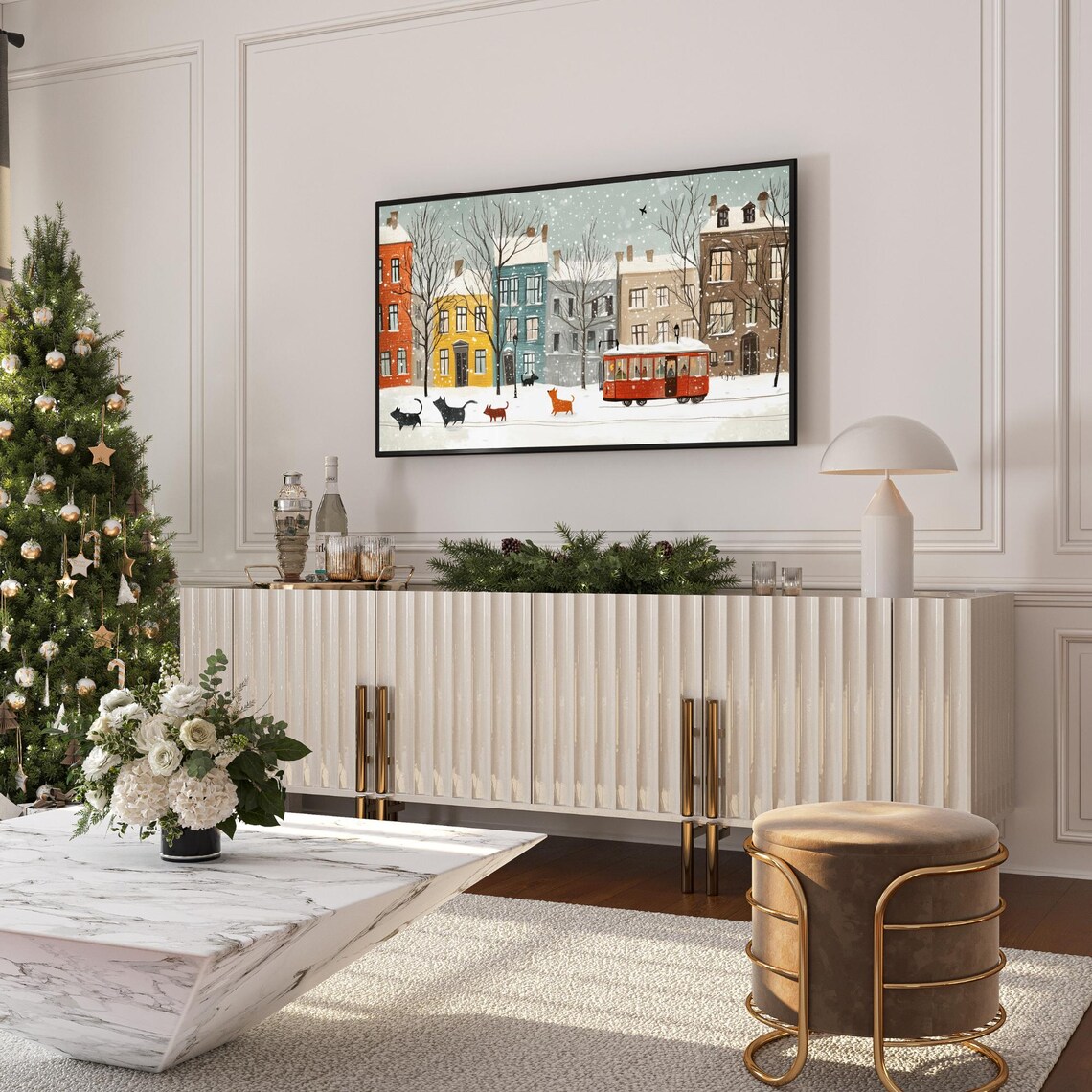 Winter City Street Red Tram Snowy Cats Falling Snow Frame TV Art Poster - Image 5