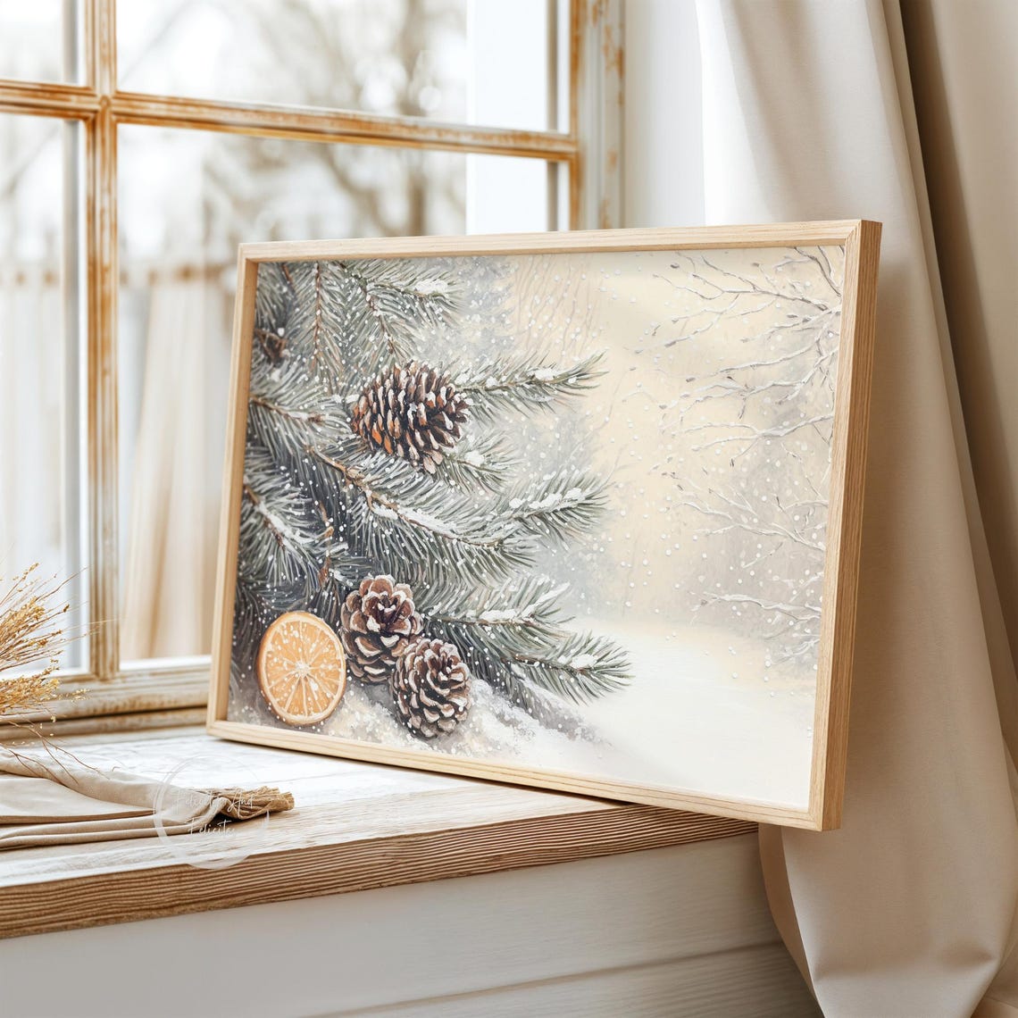 Snowy Pine Branches with Pinecones and Orange Slice Art Print - Image 3
