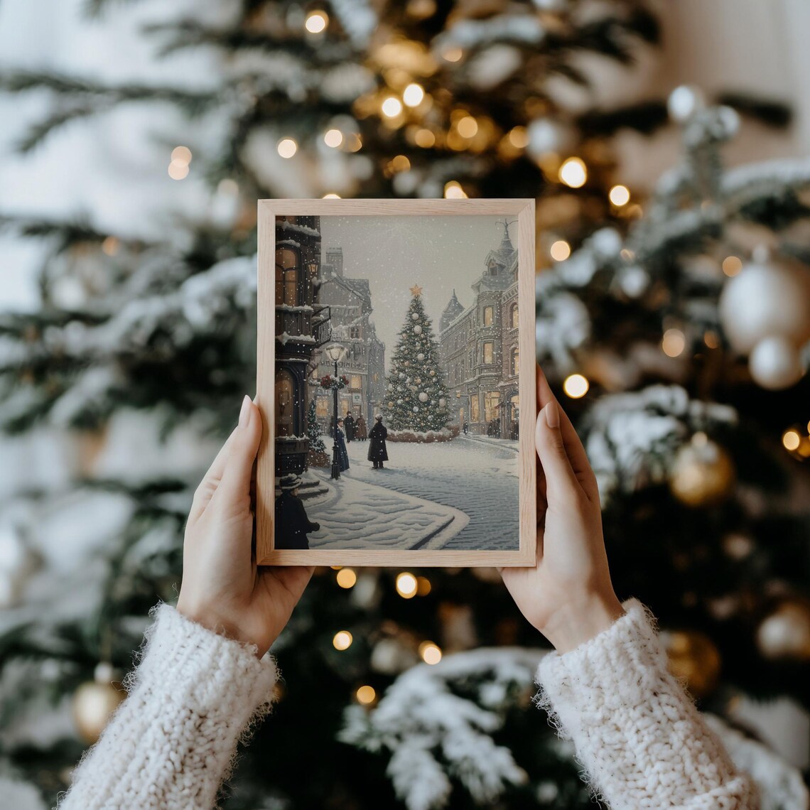 Snowy Christmas Street Vintage Town Tall Tree Winter Night Poster - Image 5