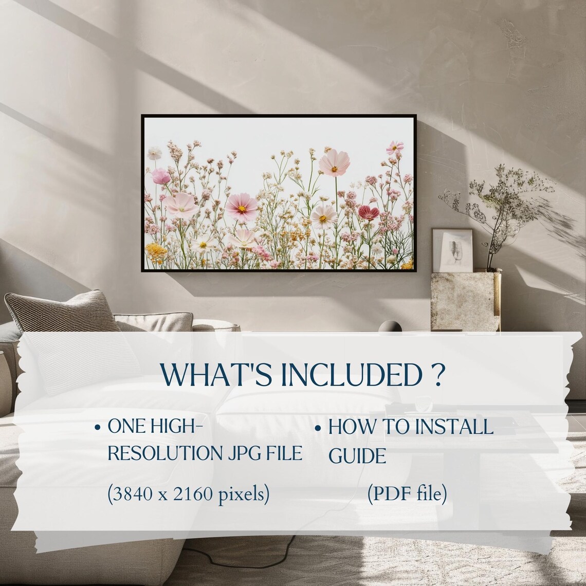 Delicate Wildflower Meadow Cosmos White Background Floral Frame TV Art Poster - Image 2
