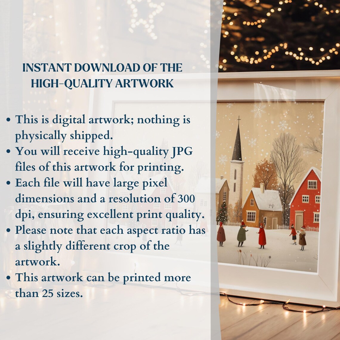 Neutral Winter Village Church Snowy Day Folk Art Scene Poster - Image 2