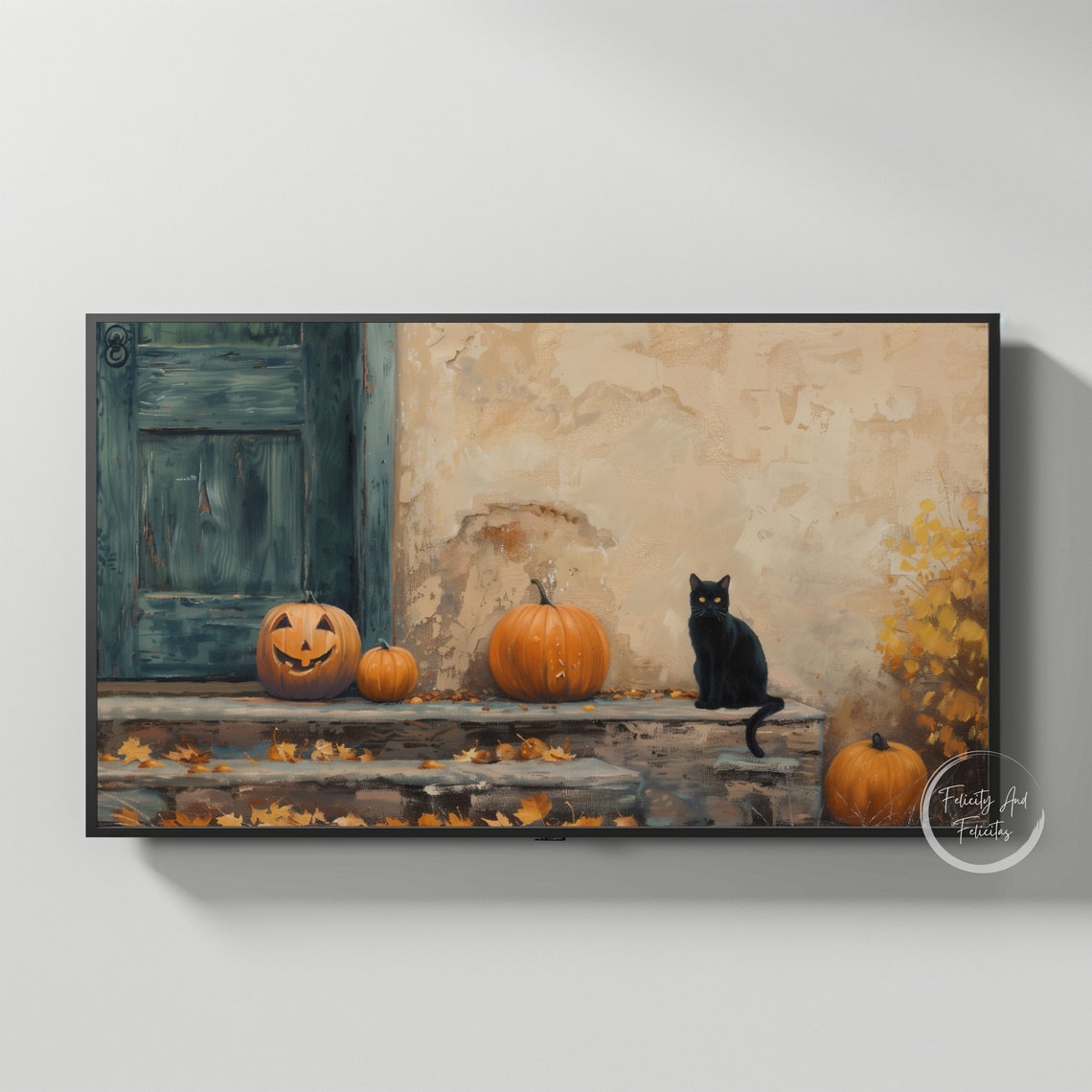 Black Cat Porch Steps Pumpkins Jack O Lantern Fall Halloween Wall Art - Image 4