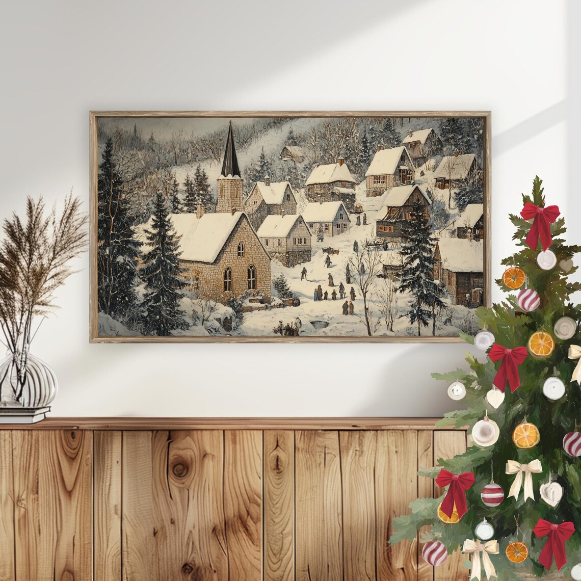 Vintage Snowy Village Church Stone Cottages Winter Art Poster - Image 5