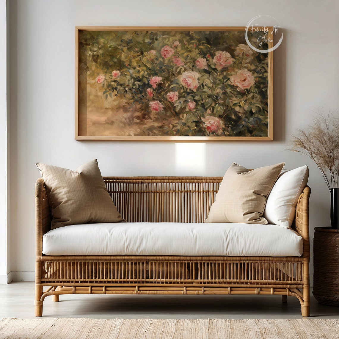 Impressionist Pink Roses Garden Bush Oil Painting Romantic Wall Art - Image 4