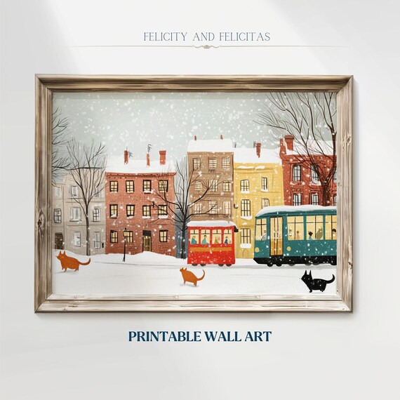 Charming Snowy City Street Cats Red Tram Vintage Winter Poster