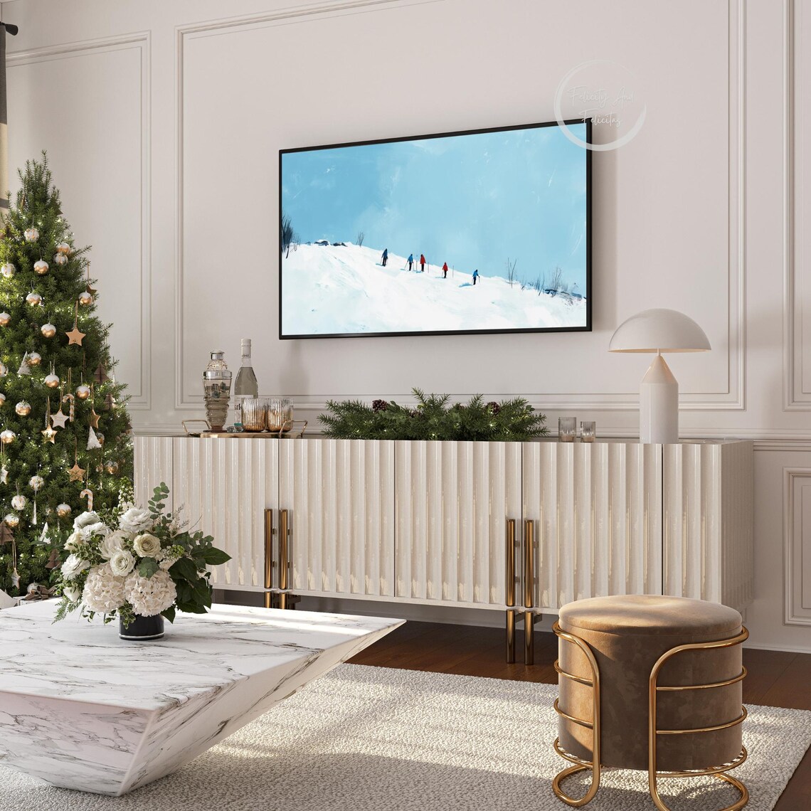 Minimalist Skiers Snowy Hill Blue Winter Frame TV Art Poster - Image 6