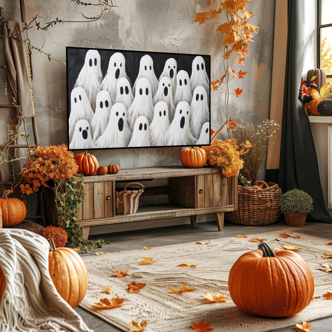 Crowd of Cute White Sheet Ghosts on Black Background Art Poster - Image 4