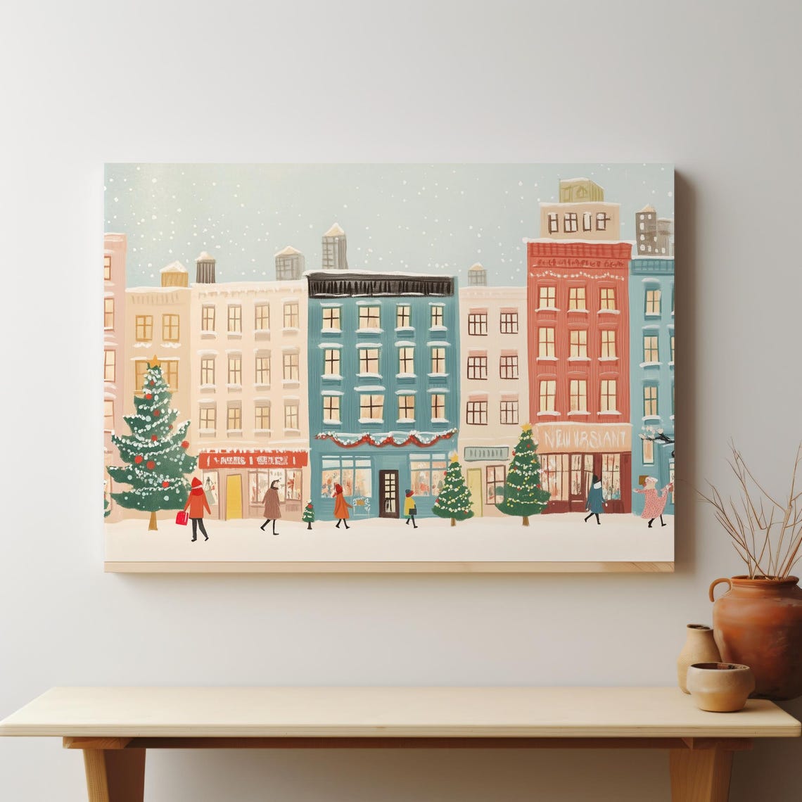 Pastel City Buildings Winter Holiday Shops Christmas Trees Poster - Image 4