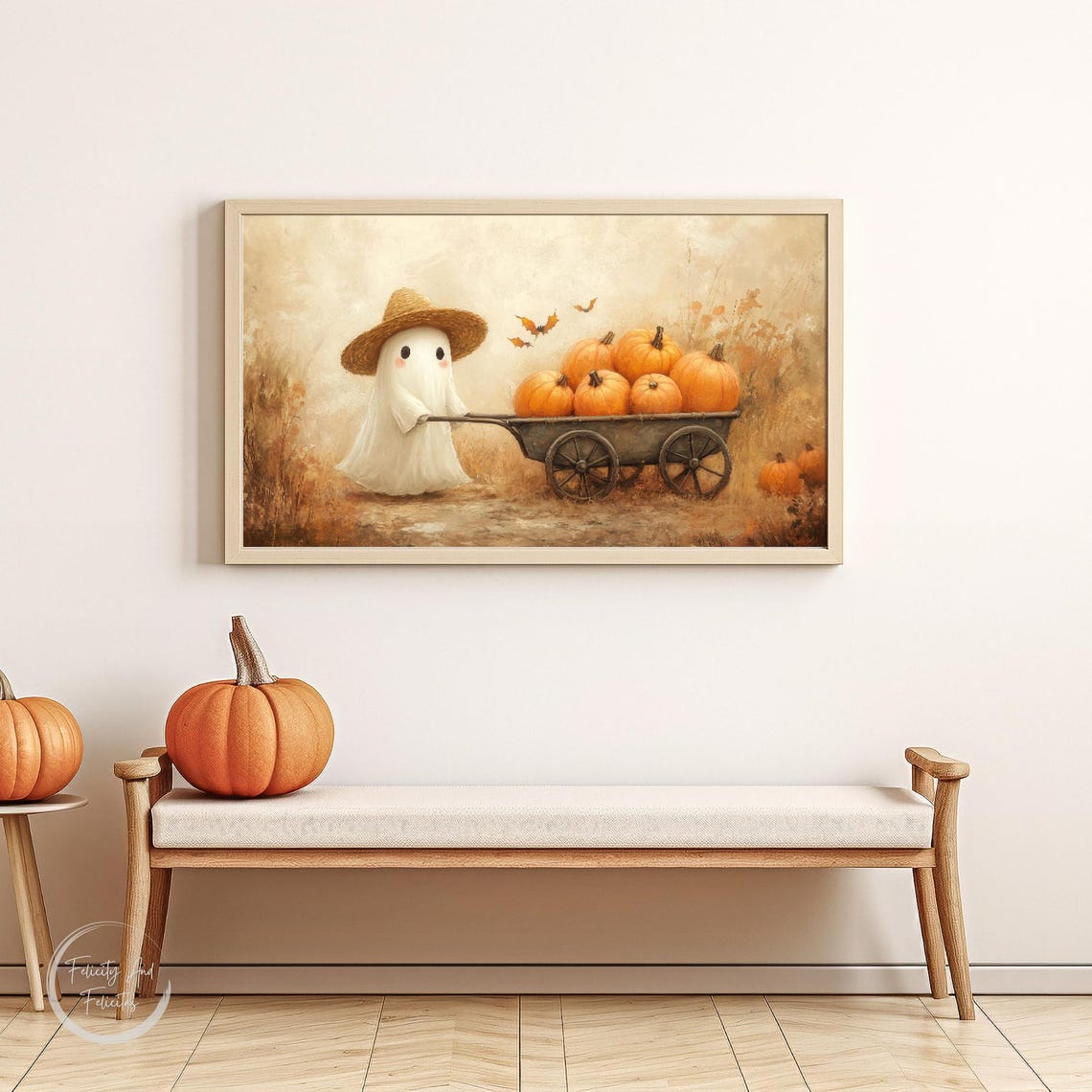 Cute Ghost Straw Hat Pumpkin Wagon Fall Field Halloween Poster - Image 6