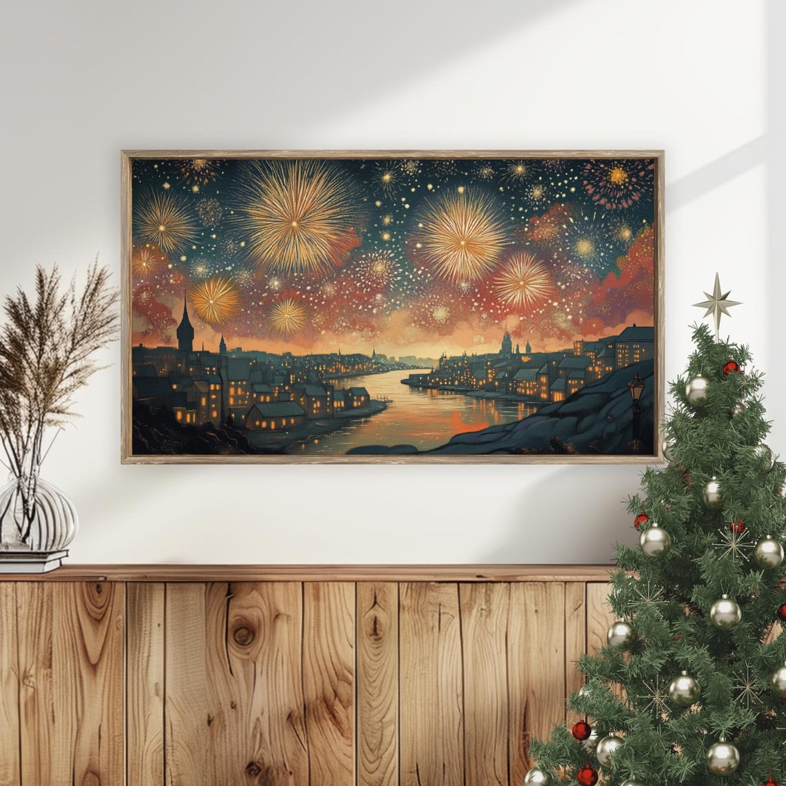Fireworks Night Riverside Town Golden Sky Reflection Wall Art - Image 5