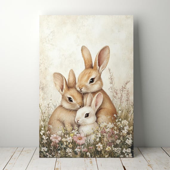 Vintage Nursery Wall Art Cute Bunnies Nursery Print Neutral Kids Room Illustration Beige Toddler Room Art