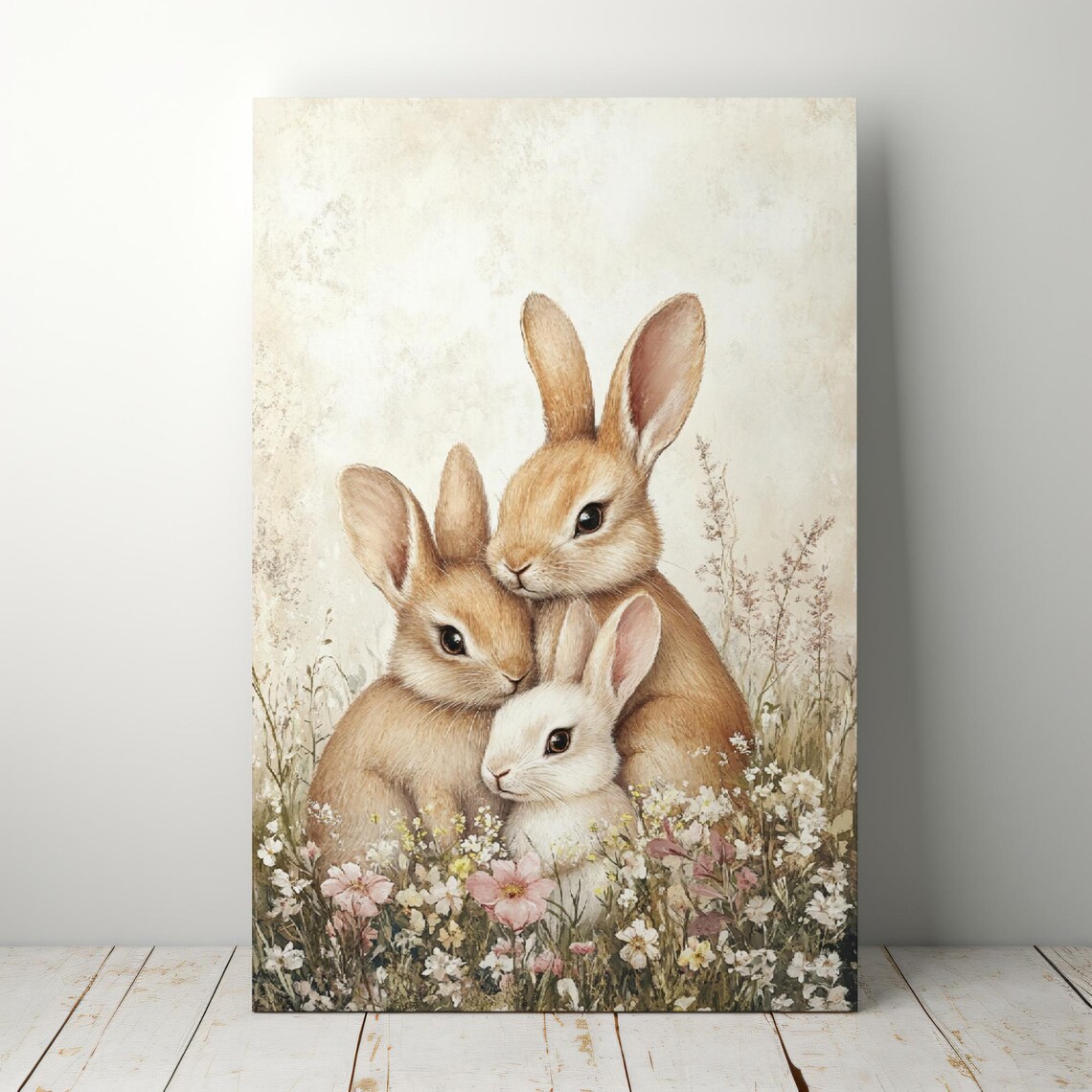 Cute Vintage Bunnies Wildflower Meadow Neutral Nursery Wall Art