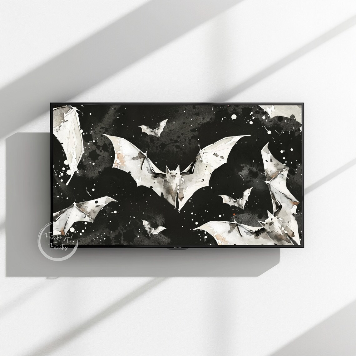 Black and White Watercolor Bats Flying in Night Sky Art Poster - Image 3