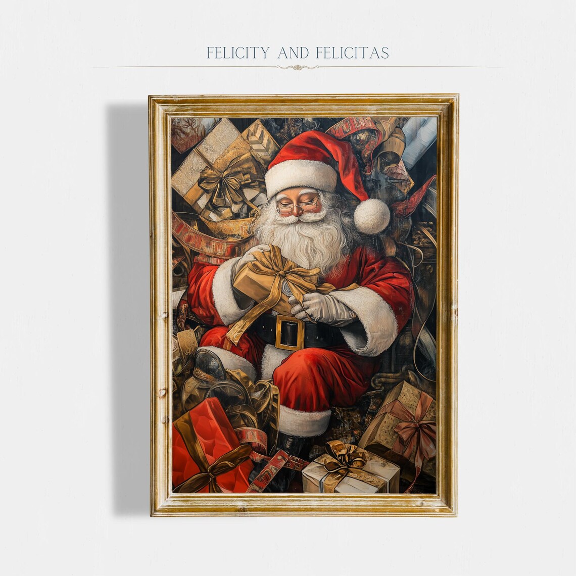Antique Santa Claus With Christmas Gifts Vintage Holiday Wall Art