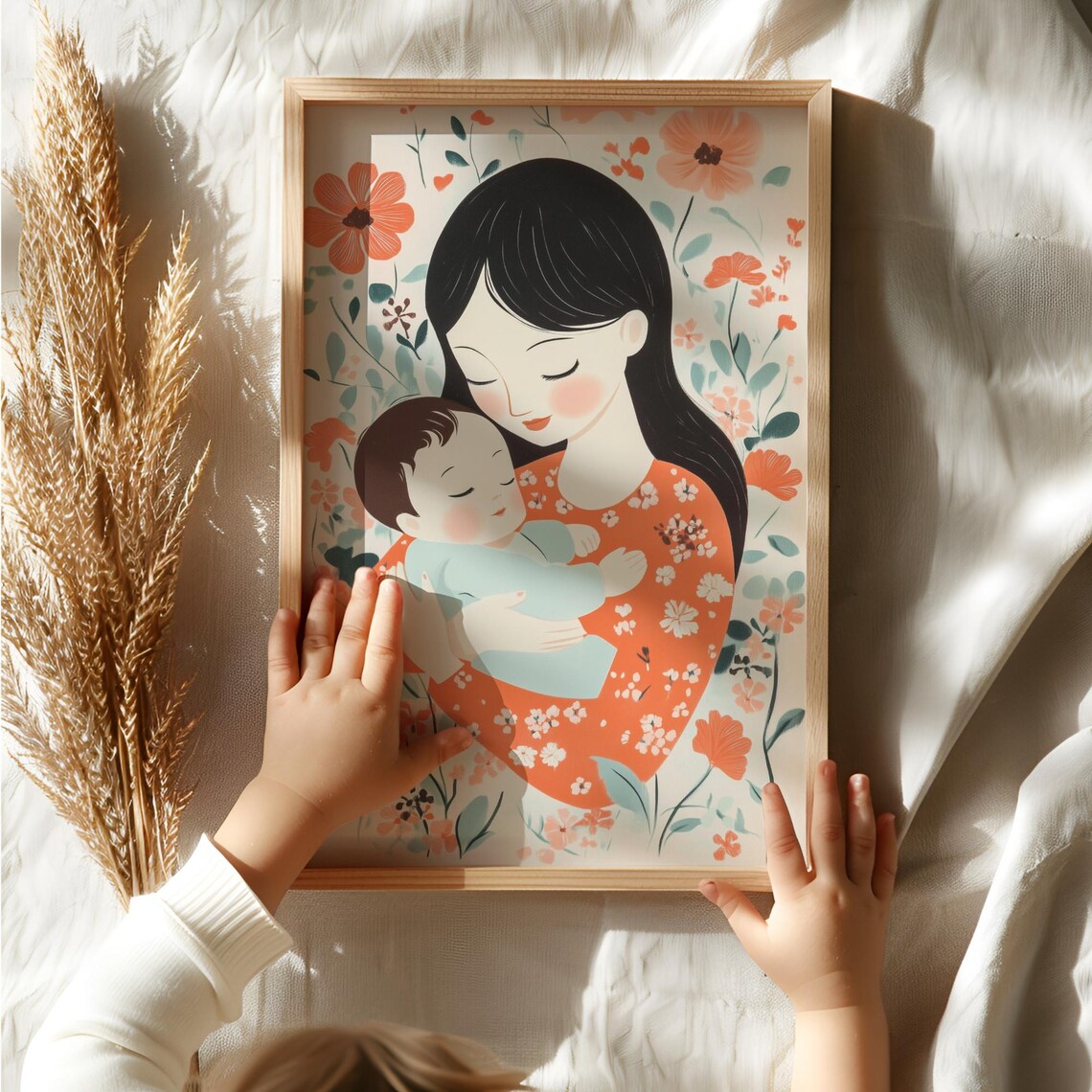 Mother And Baby Floral Motherhood Nursery Kids Room Wall Art - Image 3