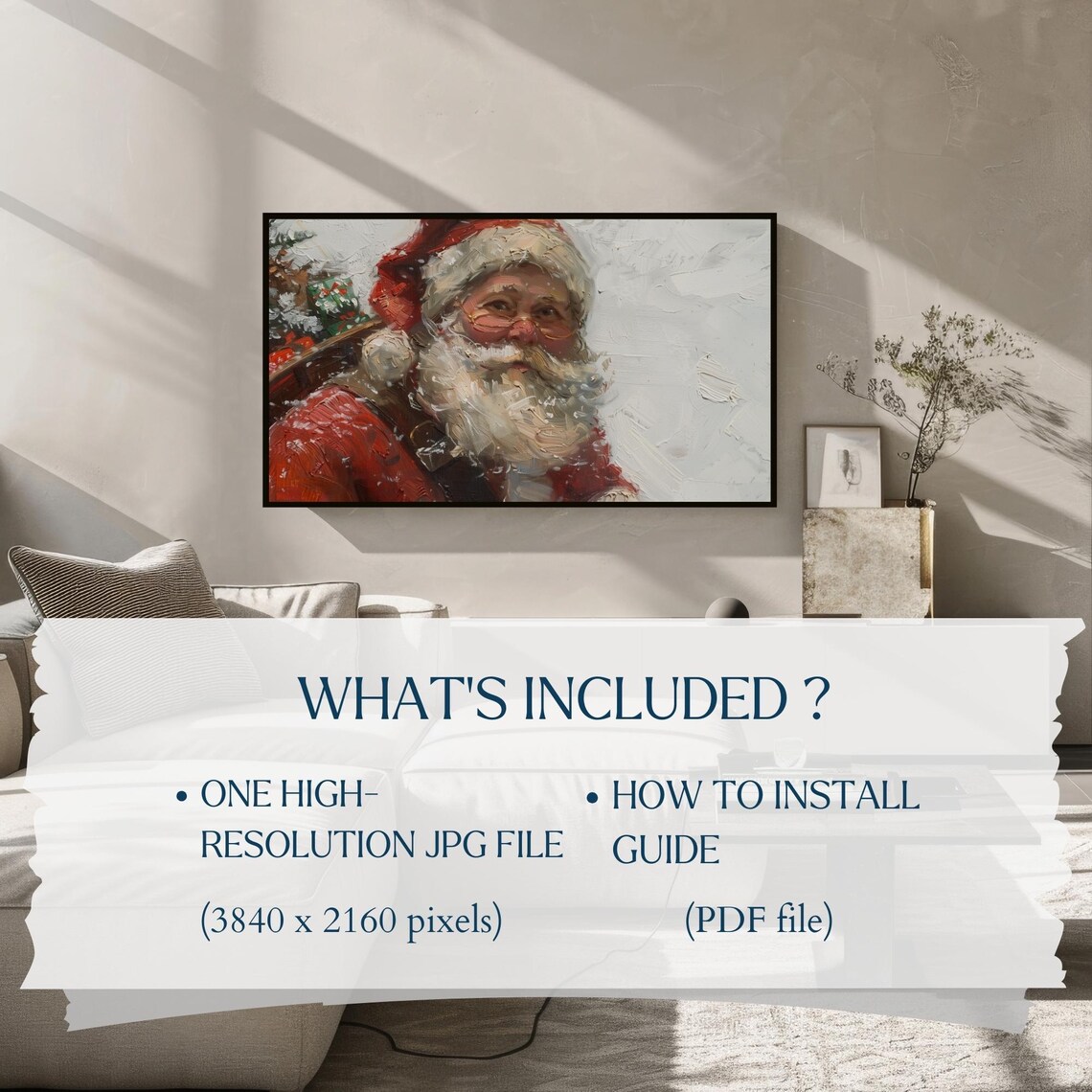 Vintage Santa Claus Portrait Snow Impasto Christmas Wall Art - Image 2