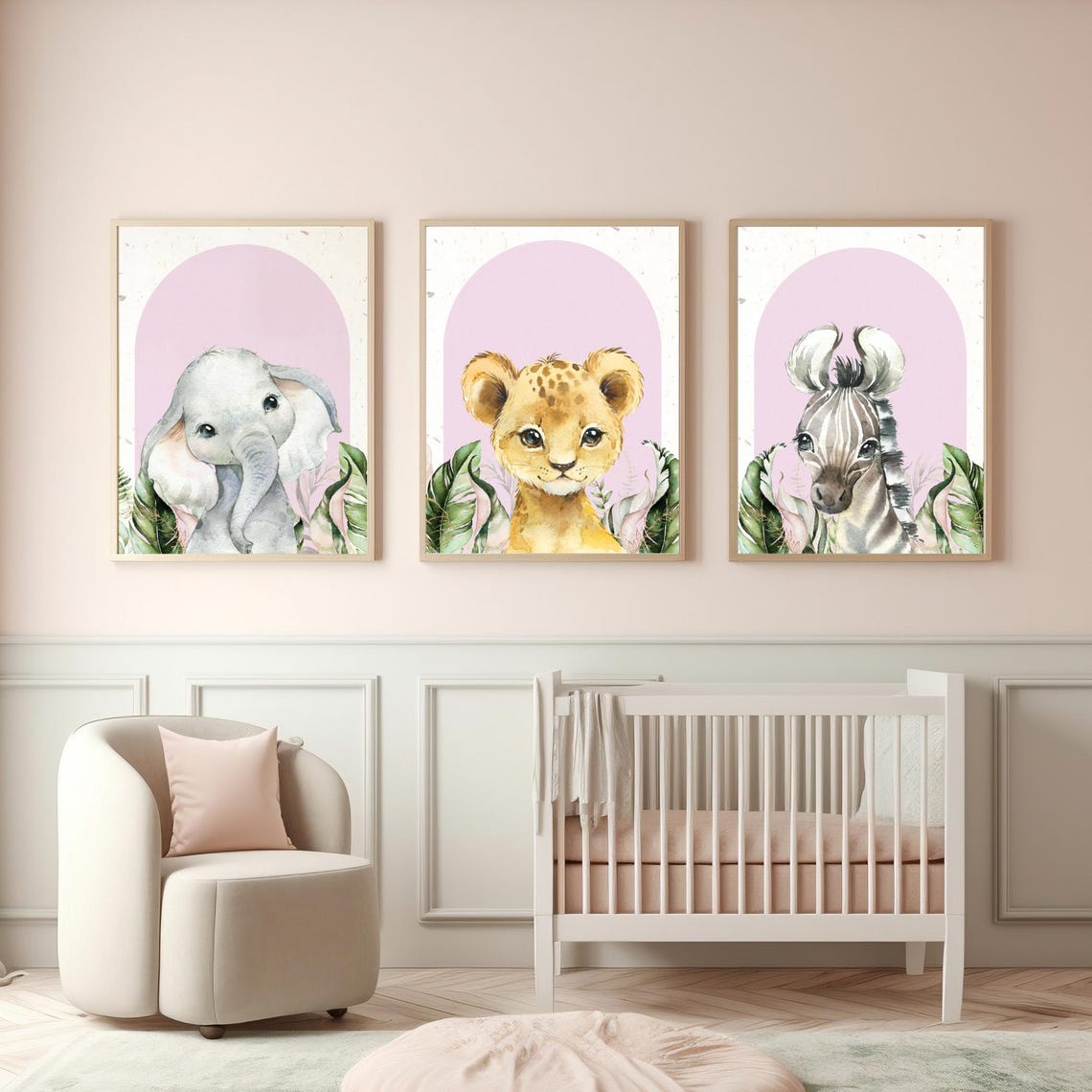 Pink Safari Nursery Set Elephant Lion Cub Zebra Kids Room Wall Art - Image 4