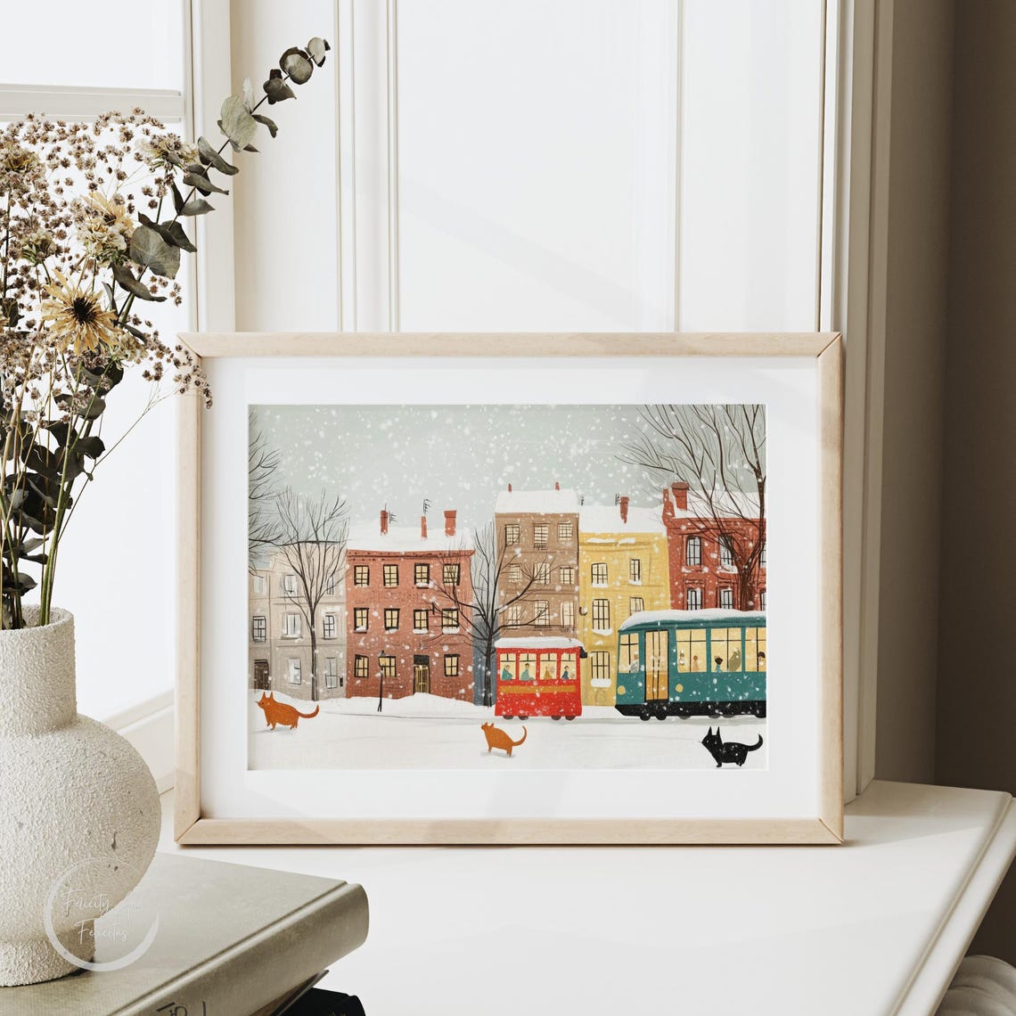 Charming Snowy City Street Cats Red Tram Vintage Winter Poster - Image 6