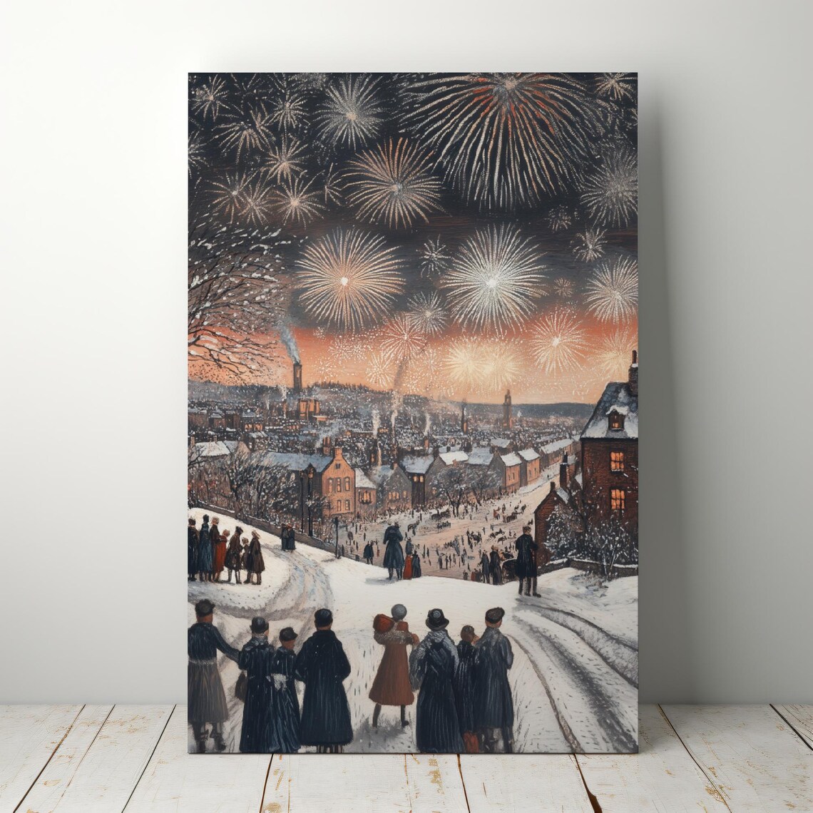New Years Eve Fireworks Snowy Town Crowd Vintage Dazzling Wall Art - Image 5