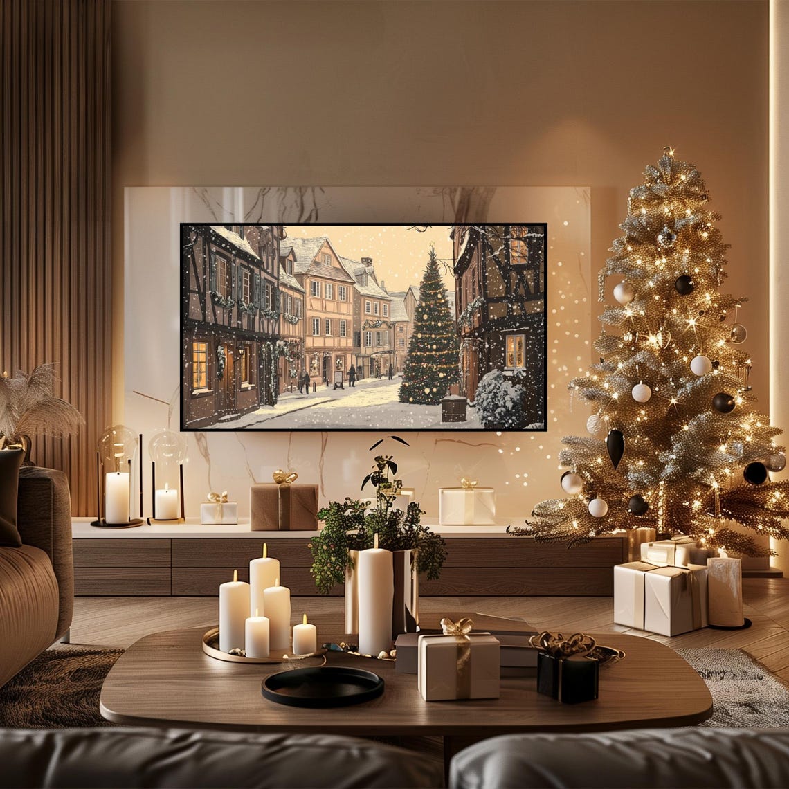 Historic European Old Town Christmas Street Tree Snow Poster - Image 4