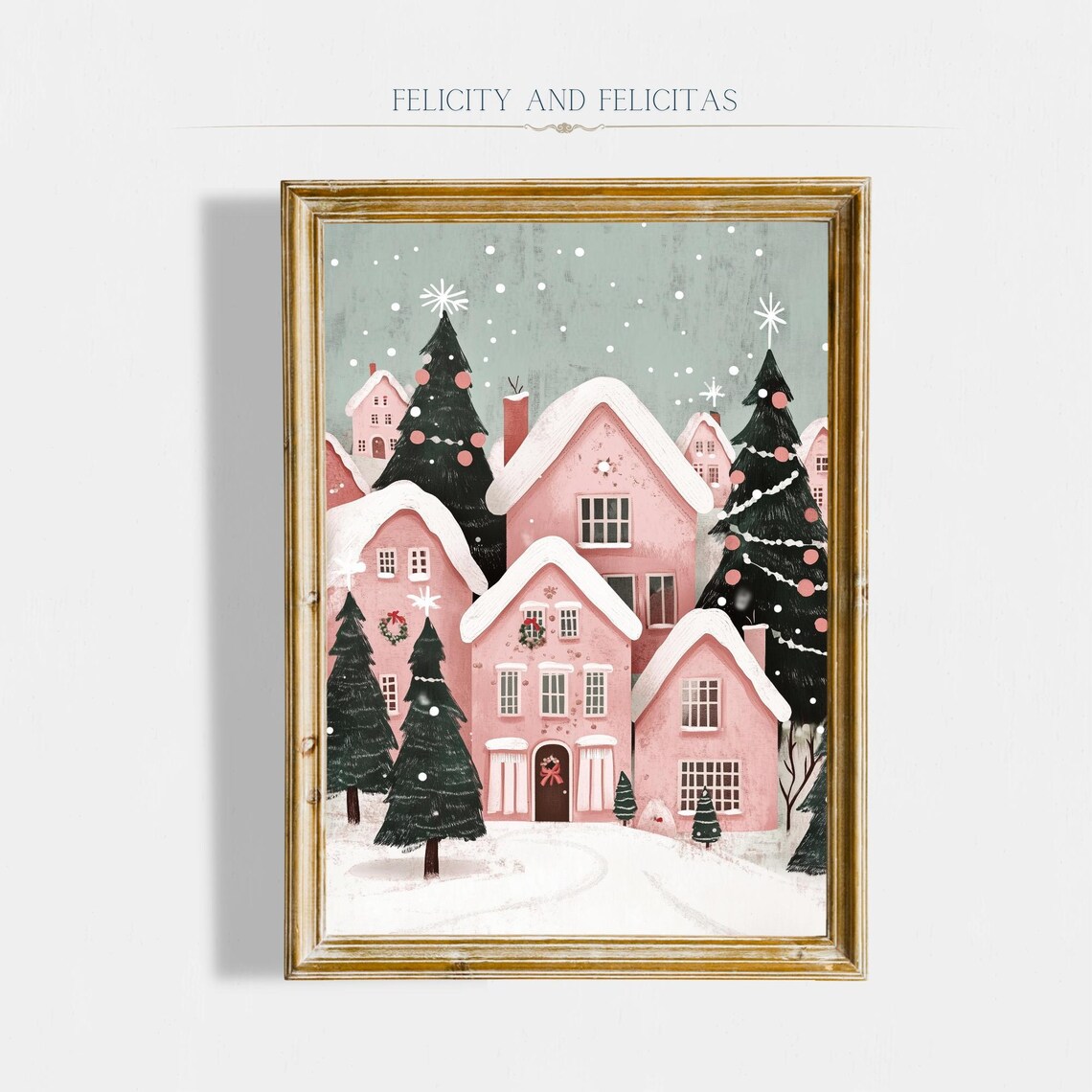 Pink Christmas Village with Decorated Evergreens Snowfall Poster