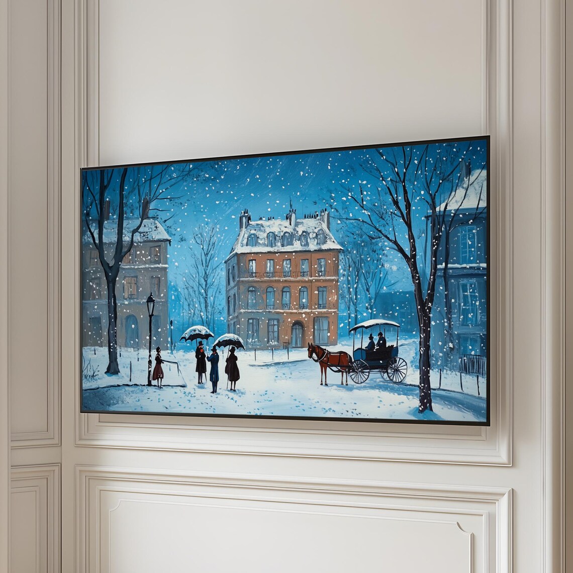 Snowy Vintage Street Horse Carriage Blue Winter Night Frame TV Art Poster - Image 5