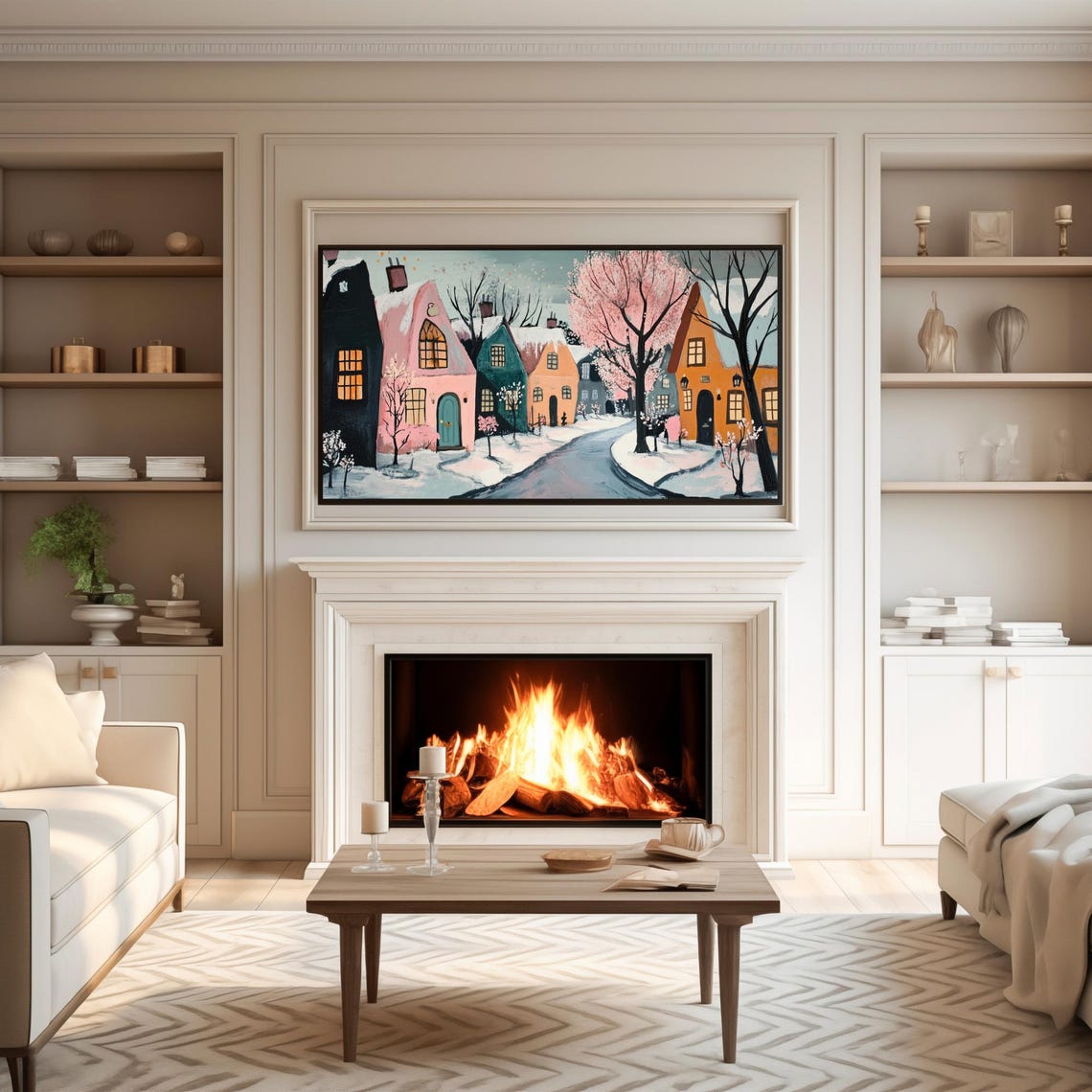 Pastel Valentines Winter Village Pink Trees Snowy Lane Poster - Image 4