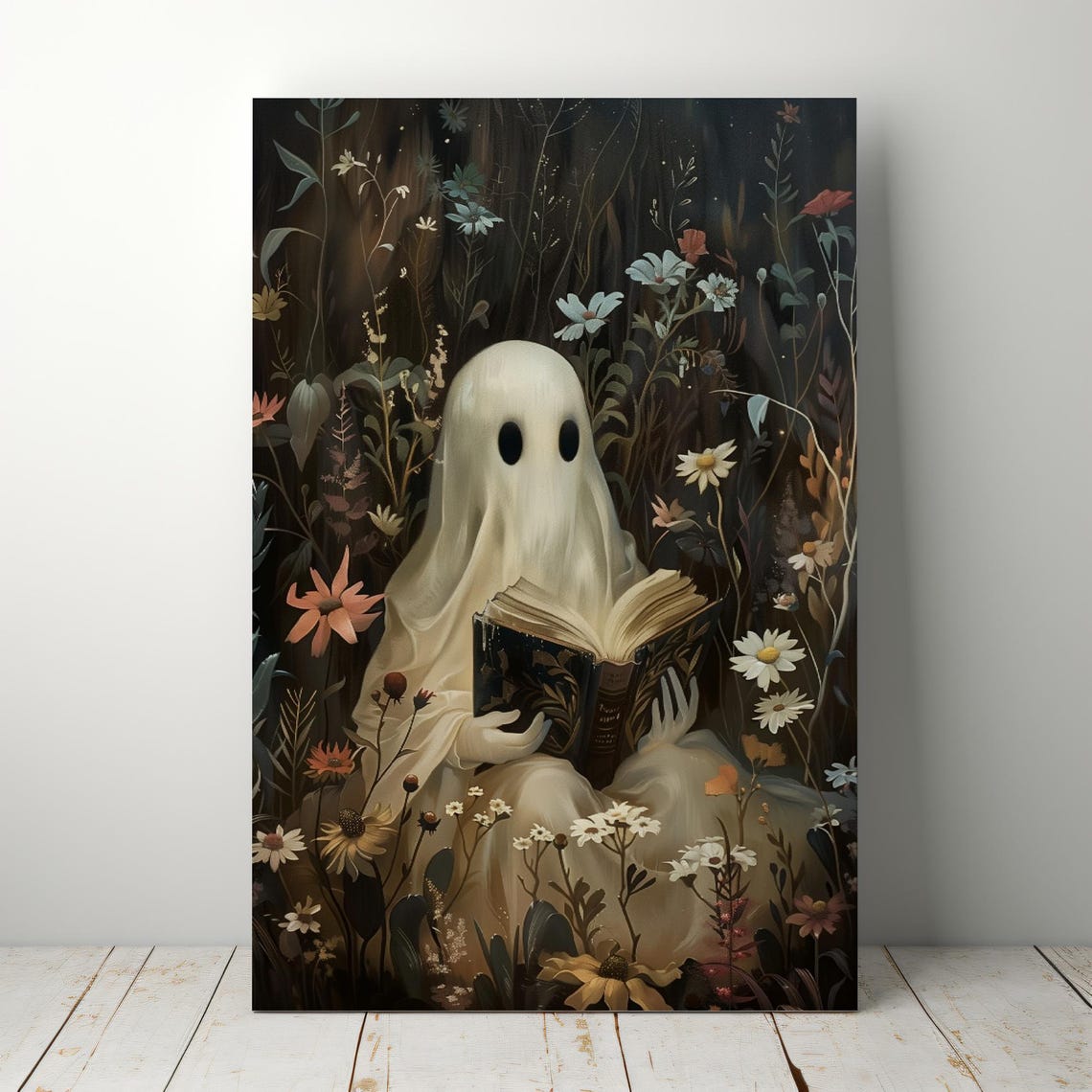 Cute Ghost Reading Book Among Dark Flowers Halloween Wall Art - Image 5