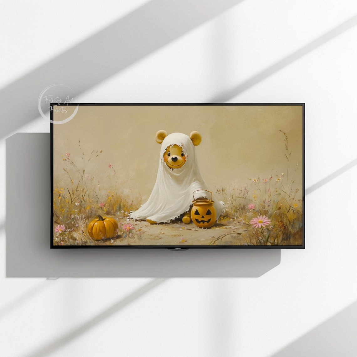Bear in Ghost Costume with Pumpkin Bucket Halloween Cute Poster - Image 3