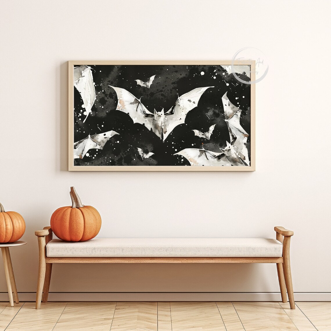 Black and White Watercolor Bats Flying in Night Sky Art Poster - Image 4