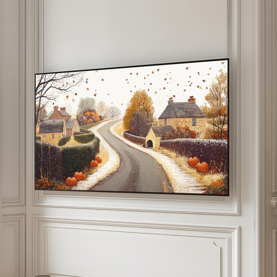 Autumn Country Road with Cottages Pumpkins and Falling Leaves Poster - Image 3