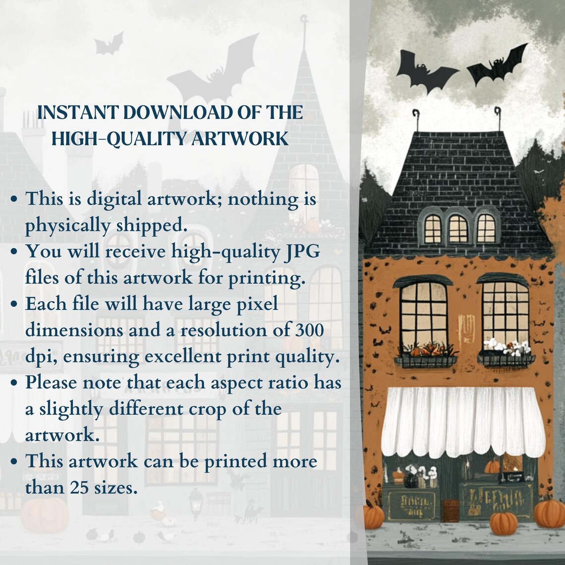 Haunted Halloween Shops Street Bats Pumpkins Whimsical Poster - Image 3