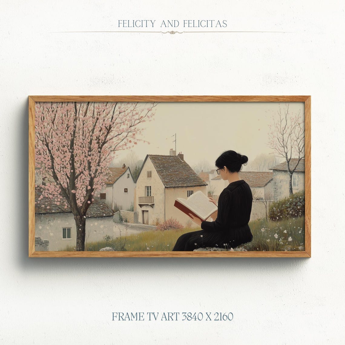 Spring Reading Woman Book Cherry Blossom Tree Village Poster