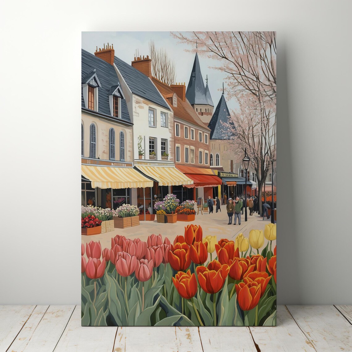 European Flower Shop Street Red Tulips Spring Market Scene Poster - Image 4
