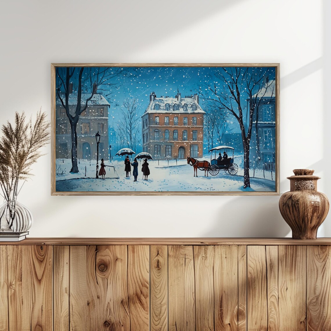 Snowy Vintage Street Horse Carriage Blue Winter Night Frame TV Art Poster - Image 6