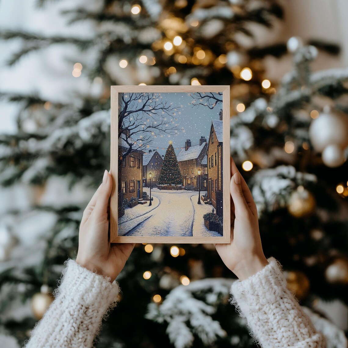 Snowy Christmas Village Street Night Tree Lamps Cozy Town Poster - Image 5