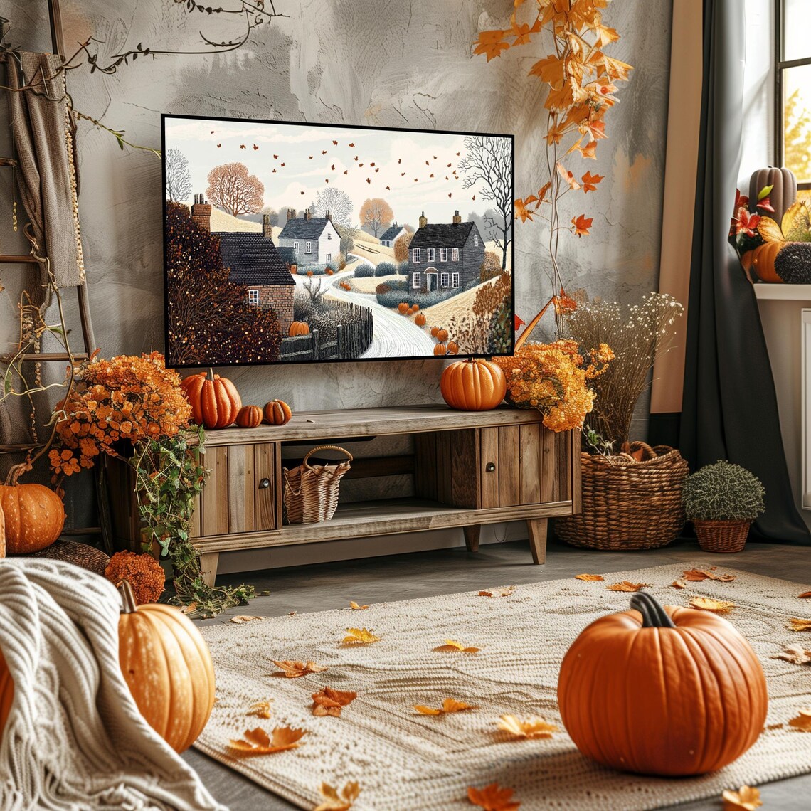 Dark Autumn Village Road Pumpkins Crows Moody Halloween Poster - Image 4