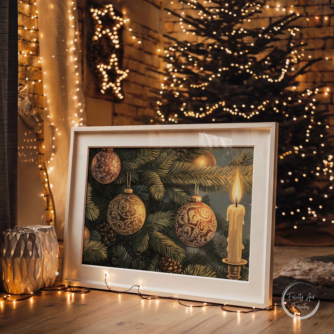 Vintage Gold Christmas Ornaments on Pine Branches Candle Poster - Image 5