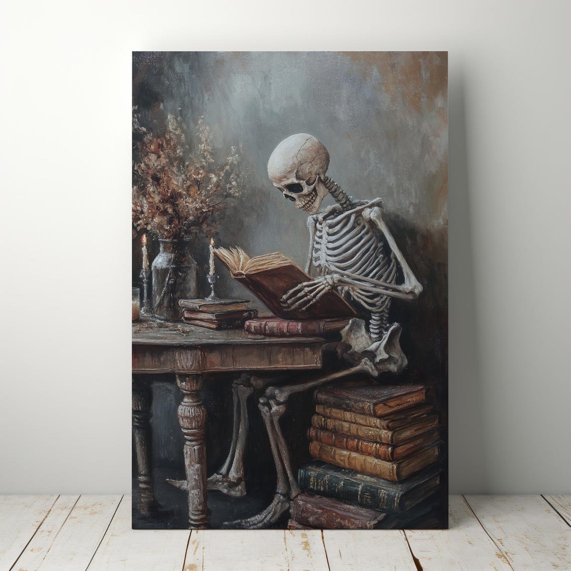Skeleton Reading a Book by Candlelight Dark Academia Art Poster - Image 5