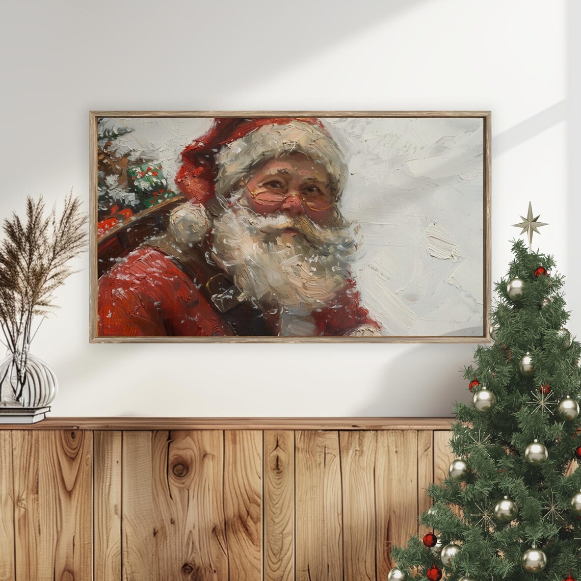 Vintage Santa Claus Portrait Snow Impasto Christmas Wall Art - Image 5