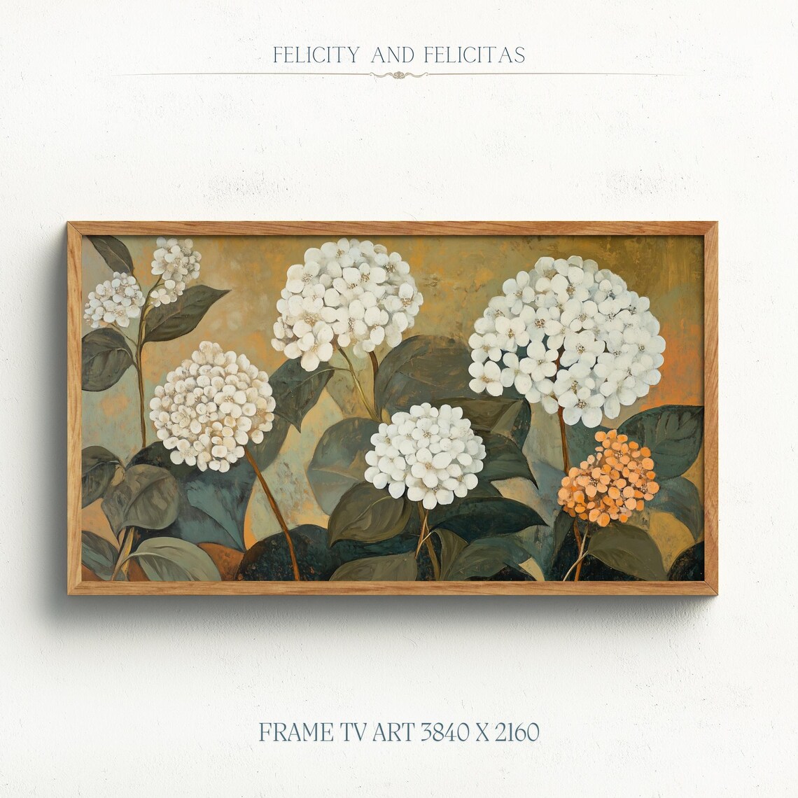 White Hydrangea Blossoms Golden Background Botanical Frame TV Art Poster