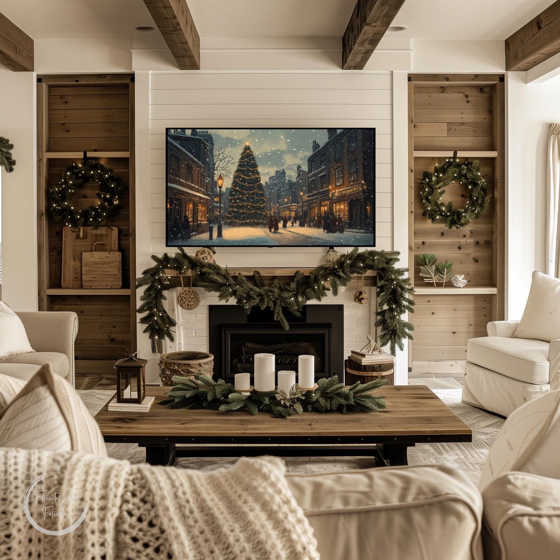 Vintage Christmas Town Square Evening Lit Tree Snowfall Poster - Image 3